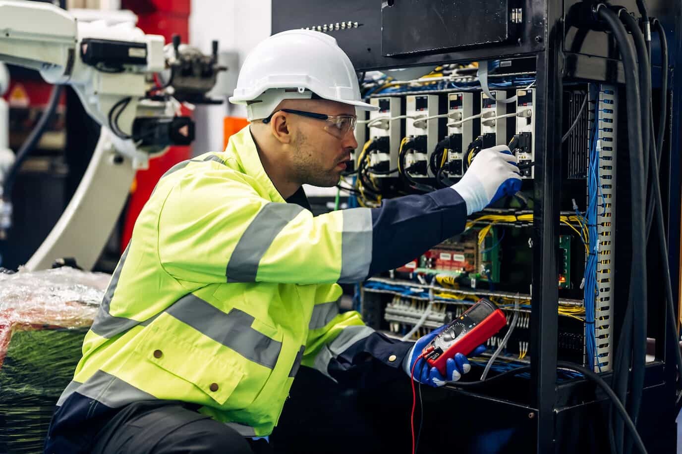 Homme faisant la maintenance d'un tableau électrique